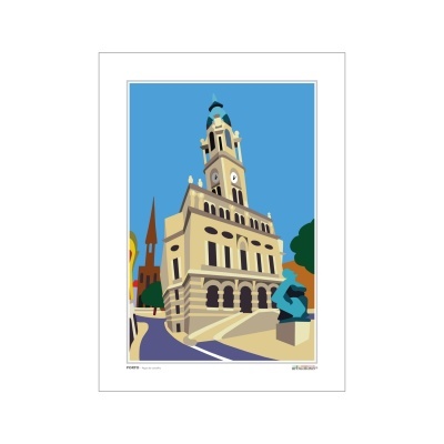 Póster ilustrado de edifício histórico com torre, relógio e estátua azul