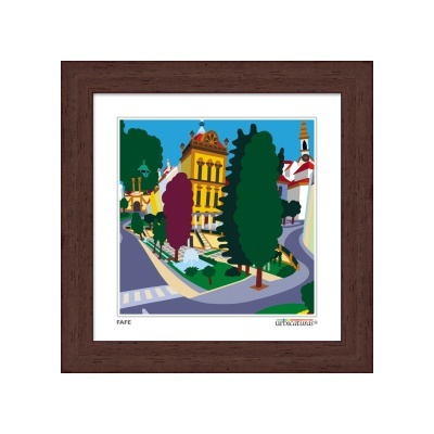 Gravura digital colorida de edifício amarelo, árvores e ruas com moldura castanha