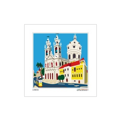 Ilustração colorida de edifícios históricos em Lisboa com torres e árvores