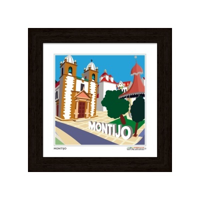 Ilustração colorida de edifícios do Montijo em quadro com moldura escura