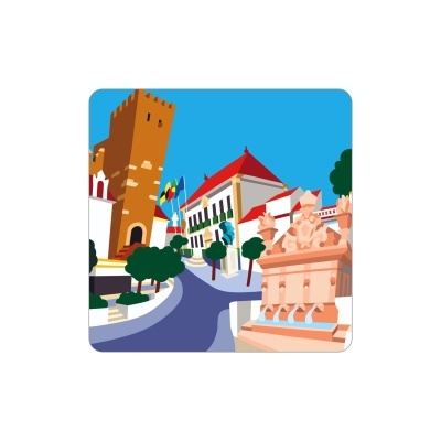 Ilustração de praça com fonte, árvores, torre castanha, edifício branco com telhado vermelho e céu azul