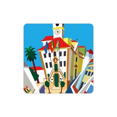 Desenho colorido de edifícios com torre e bandeiras num cenário urbano azul