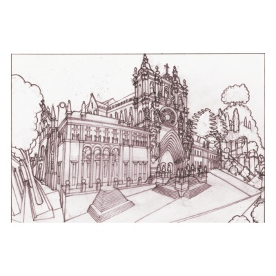 Desenho a lápis de um edifício histórico gótico com árvores à volta