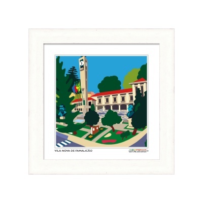 Quadro decorativo com imagem colorida estilizada da torre do relógio em Vila Nova de Famalicão