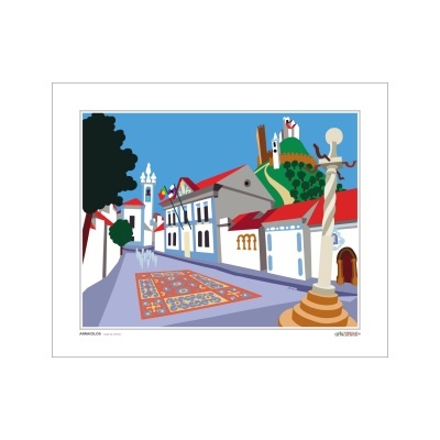 Ilustração de rua com casas brancas, telhados vermelhos, padrão colorido no chão, coluna esculpida e colina verde ao fundo