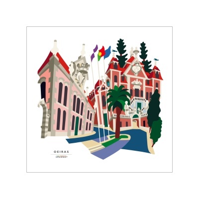 Ilustração digital colorida de edifícios históricos em Oeiras com bandeiras