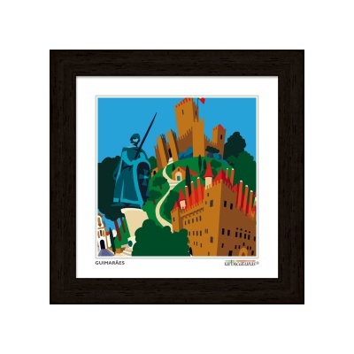 Ilustração estilizada de castelos com moldura escura, texto Guimarães
