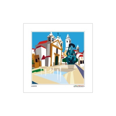 Ilustração da Igreja de Santo António em Lagos com escultura azul e céu azul claro