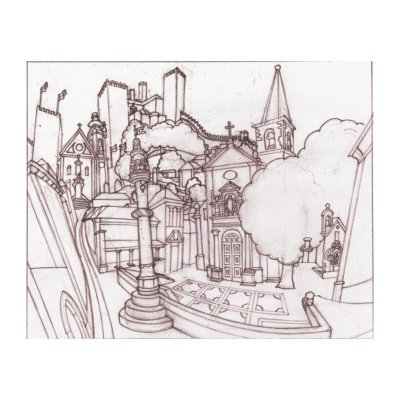 Desenho a lápis de cidade com igrejas, prédios e árvore