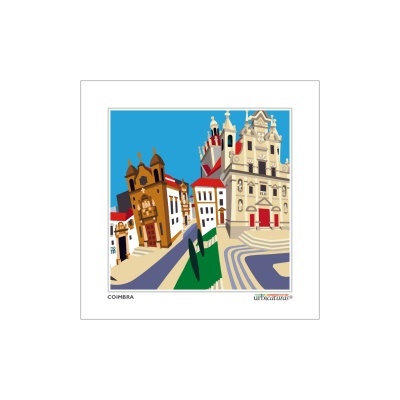 Ilustração de edifícios históricos em Coimbra com céu azul