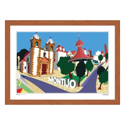 Quadro ilustrativo do Montijo com igreja, árvores e letras brancas