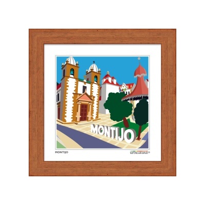 Quadro ilustrativo com moldura de madeira castanho mostrando edifícios e árvores em Montijo