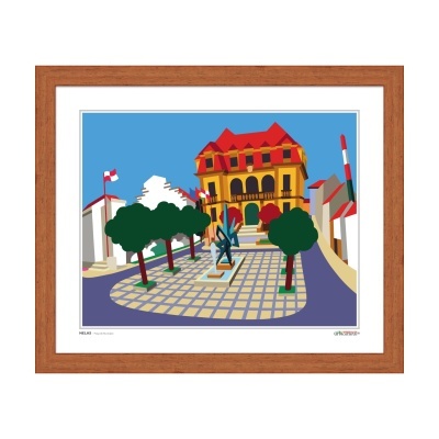 Ilustração colorida de praça com árvores, prédio amarelo e vermelho, em moldura de madeira