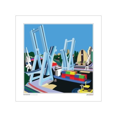 Vista gráfica de porto com pontes elevadiças azuis e contentores coloridos