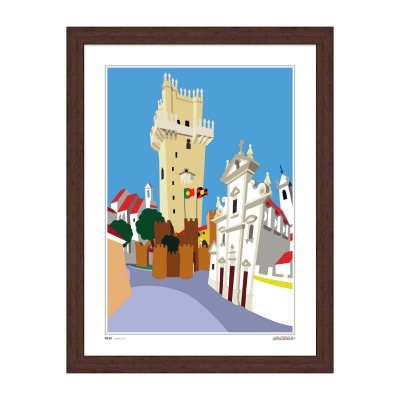 Ilustração colorida de uma torre e edifícios com moldura de madeira escura