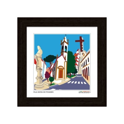 Ilustração colorida de Vila Nova de Poiares com igreja, estátua, cruz e edifícios em moldura escura