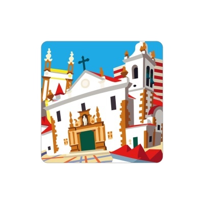 Ilustração colorida de igreja branca com telhados vermelhos e céu azul