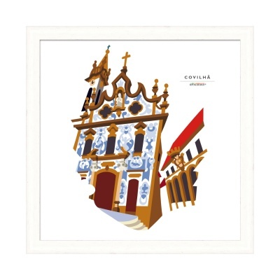 Ilustração de edifícios coloridos com texto 'COVILHÃ' em moldura branca