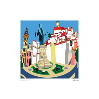 Ilustração estilizada de monumento e edifícios em Coimbra com céu azul