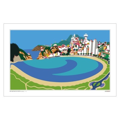 Ilustração digital colorida de uma baía e vila costeira com edifícios e natureza