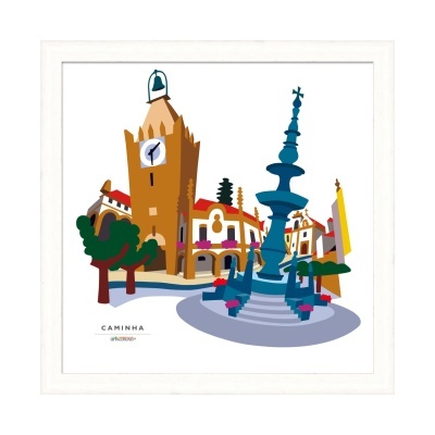 Ilustração colorida de praça com fonte e torre com relógio