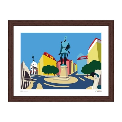 Ilustração de praça urbana com estátua azul e edifícios amarelos