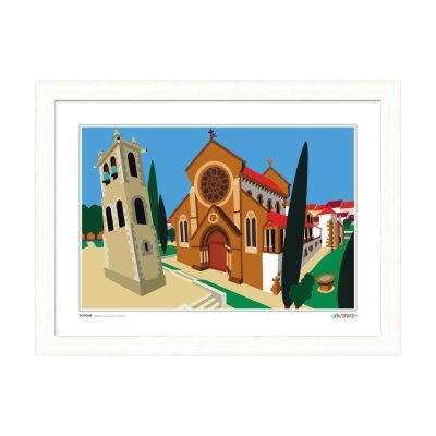 Ilustração colorida de igreja com torre inclinada e moldura branca