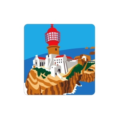 Ilustração de um farol e edifícios num penhasco junto ao mar