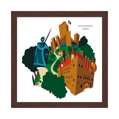 Ilustração emoldurada de pontos turísticos de Guimarães com moldura castanha