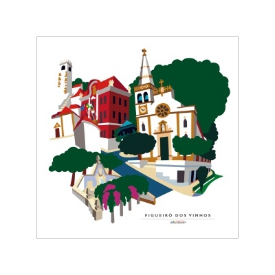 Ilustração colorida de edifícios históricos e natureza em Figueiró dos Vinhos