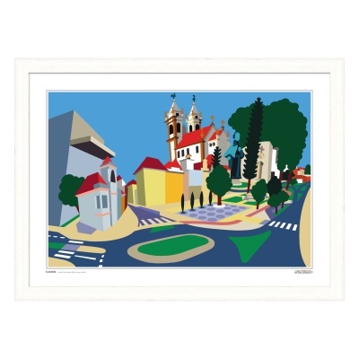 Ilustração colorida de paisagem urbana em moldura branca