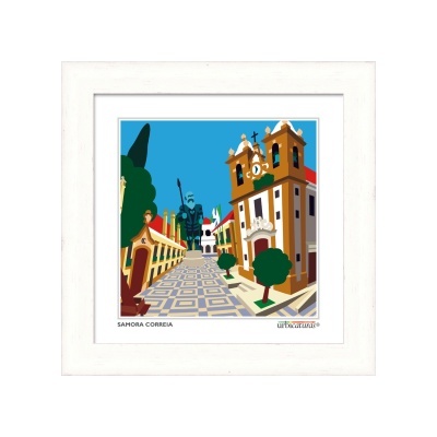 Ilustração urbana colorida com edifícios e robô em moldura branca