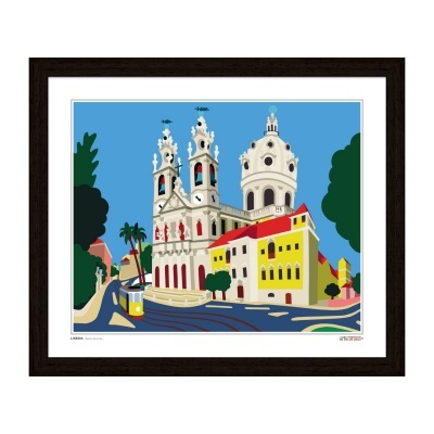 Ilustração urbana com igreja, elétrico amarelo e edifícios coloridos