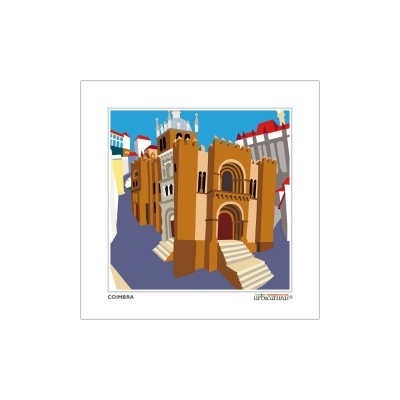 Ilustração da Sé Velha de Coimbra com tons castanhos e céu azul