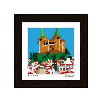 Quadro decorativo com ilustração do Porto de Mós e castelo com torres verdes