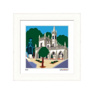 Ilustração colorida de monumento arquitetónico com árvores e céu azul em moldura branca