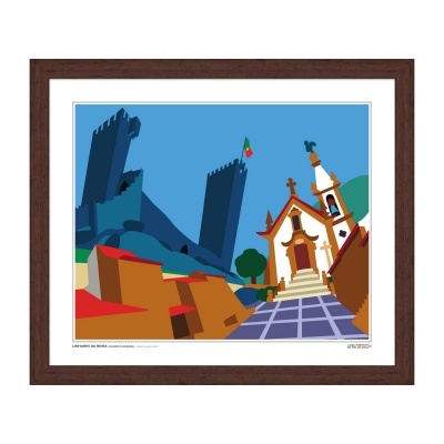 Ilustração estilizada de castelo e igreja sob céu azul em moldura de madeira castanha.