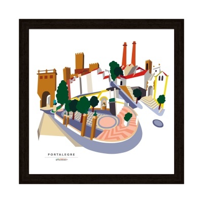 Mapa estilizado colorido de Portalegre com torres, chaminés e árvores dentro de moldura preta