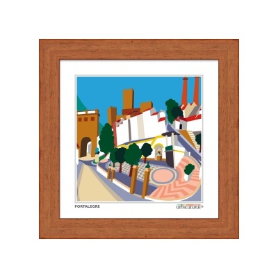 Gravura colorida de cenário urbano com árvores e edifícios em moldura de madeira