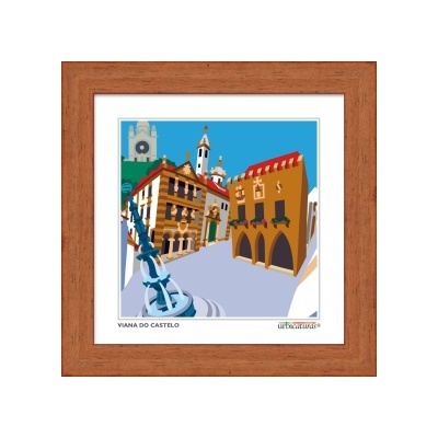 Ilustração colorida de edifícios e fonte em Viana do Castelo com moldura de madeira