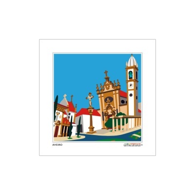Ilustração colorida de monumentos de Aveiro com céu azul