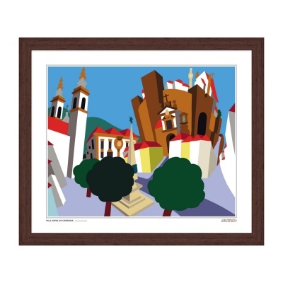 Quadro ilustrativo da Vila Viçosa com edifícios e árvores em moldura castanha