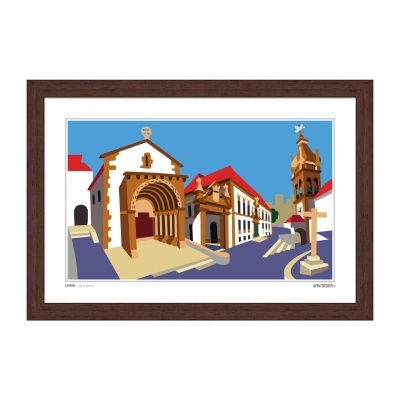 Arte moderna de edifícios históricos com igreja, casas vermelhas e cruz em pedestal dentro de moldura de madeira