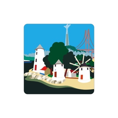 Ilustração de moinhos brancos, árvores, ponte vermelha e estátua no fundo