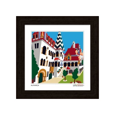 Quadro com imagem gráfica colorida de edifícios típicos e texto ALPIARÇA e urbacultura®