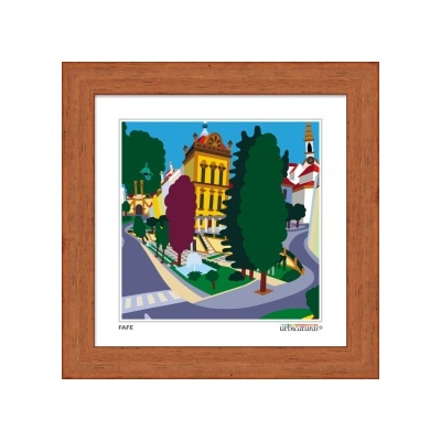 Quadro com ilustração urbana colorida e moldura em madeira