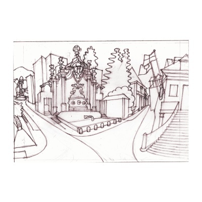 Desenho a lápis de paisagem urbana com edifícios, ruas e escadarias