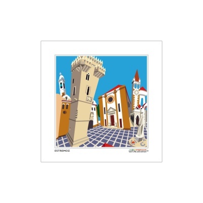 Ilustração colorida do centro histórico de Estremoz com edifícios e pavimento de ladrilhos