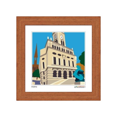 Ilustração emoldurada de edifício histórico em Porto com moldura de madeira