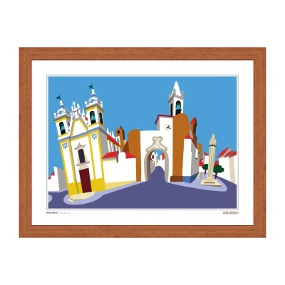 Arte digital colorida de edifício histórico com moldura castanha